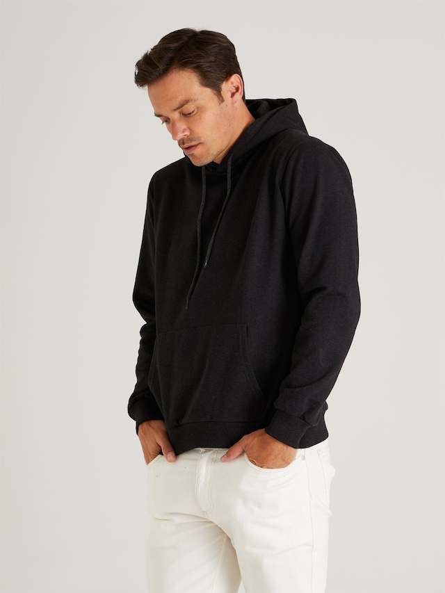 ANTRASİT KAPÜŞONLU KANGURU CEPLİ ERKEK SWEATSHIRT - SLIM FIT