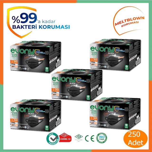 Evony Black Elastik Kulaklı Siyah Maske 250 Adet 50 li 5 Kutu