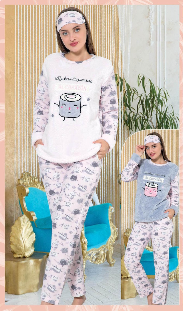 Kadın Welsoft Pijama Takımı Uzun Kol Uyku Bandı Hediyeli