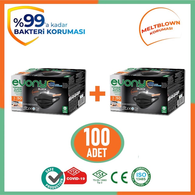Evony Black Elastik Kulaklı Siyah Maske 100 Adet 2 Kutu