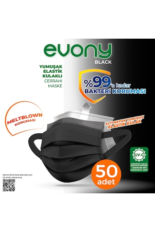 Evony Black Elastik Kulaklı Siyah Maske 50 Adet (1 kutu)