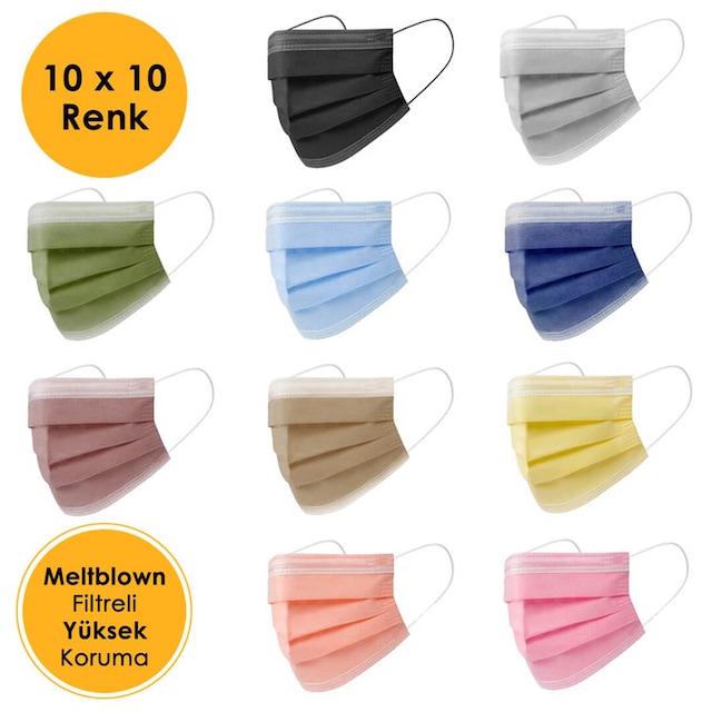 Mutlu Maske 3 Katlı Telli Meltblown Renkli Cerrahi Maske x100 Set