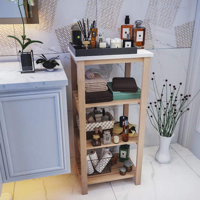 Ahşap Banyo Rafı Şampuanlık 4 Raflı Banyo Düzenleyici Köşe Rafı