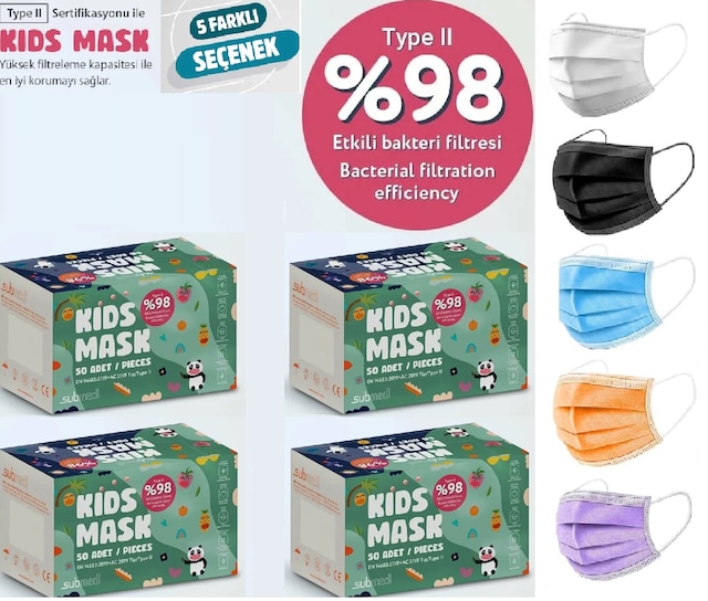 Submed Çocuk Maskesi - Burun Telli - 5 Renk Seçenekli 200 ADET
