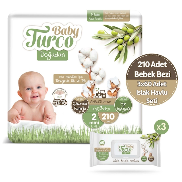 Baby Turco Doğadan Bebek Bezi 2 Numara Mini 210 Adet + Islak Havlu 3 x 60 Adet