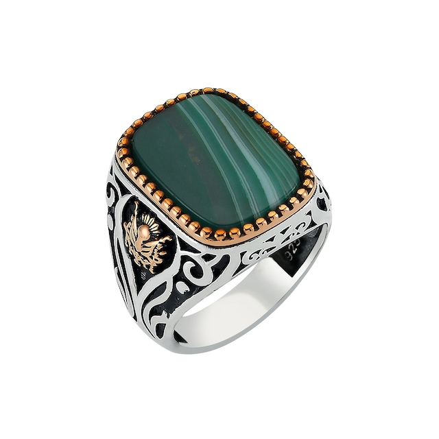 Yeşil Akik Taşlı Tuğralı ve Armalı Erkek Gümüş Yüzük