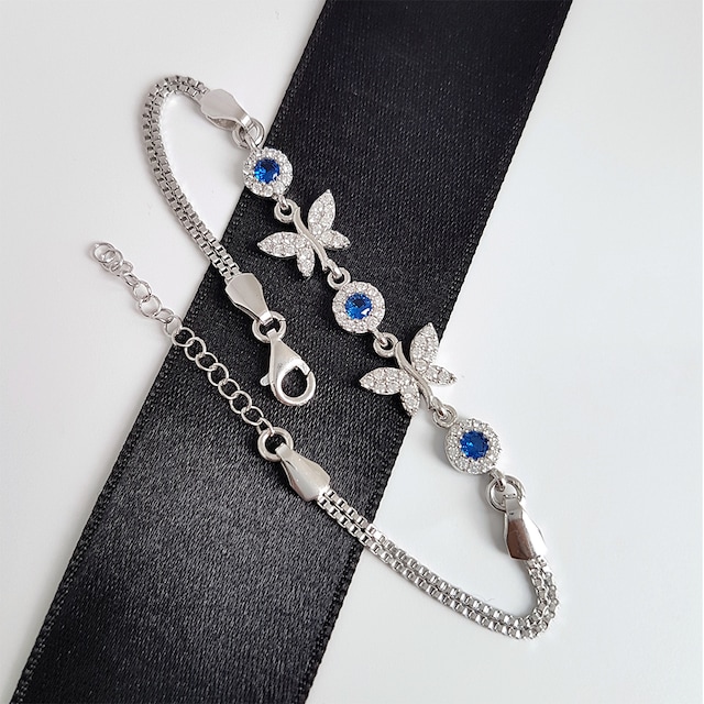 Gümüş Pazarım Safir Taşlı Kelebek Motifli Gümüş Bileklik