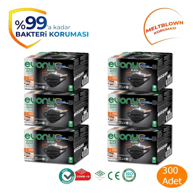 Evony Black Elastik Kulaklı Siyah Maske 300 Adet 50 li 6 Kutu
