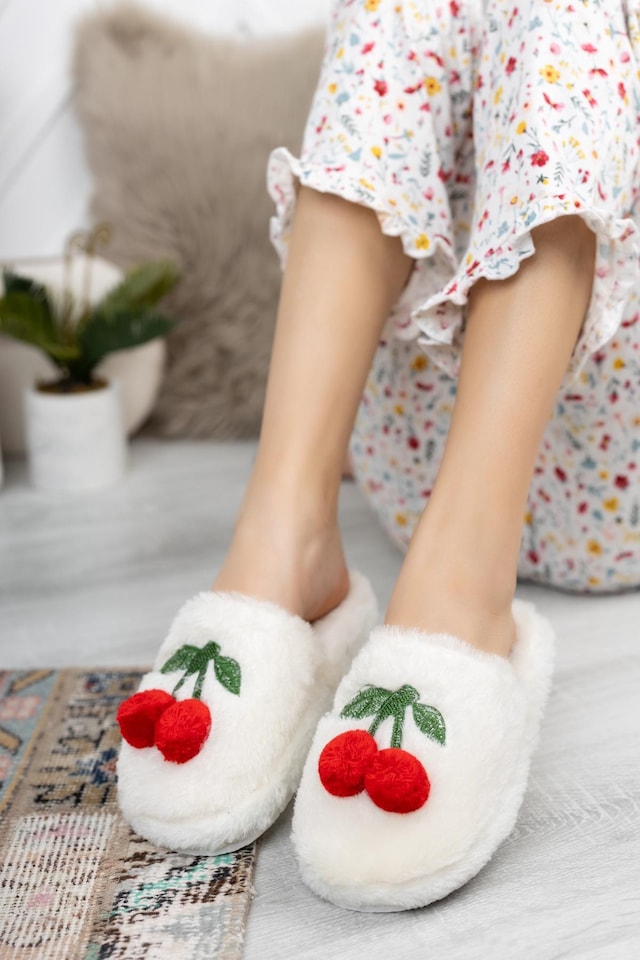 Modafrato Brn Kirazlı Kadın Ev Terliği Kışlık Terlik