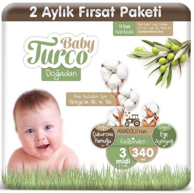 Baby Turco Doğadan Bebek Bezi 3 Numara Midi 2 Aylık Fırsat Paketi 340 Adet