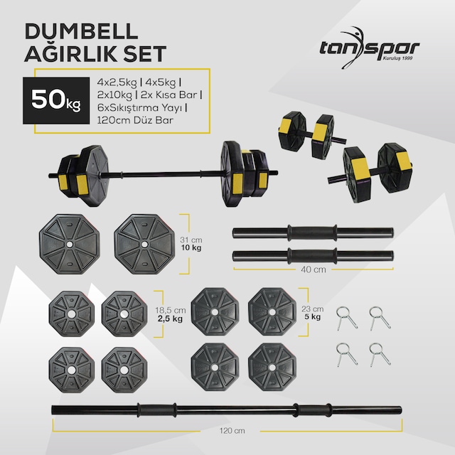 Tan Spor 50 Kg Dambıl Halter Ağırlık FULL KISA + DÜZ + Z BAR SET