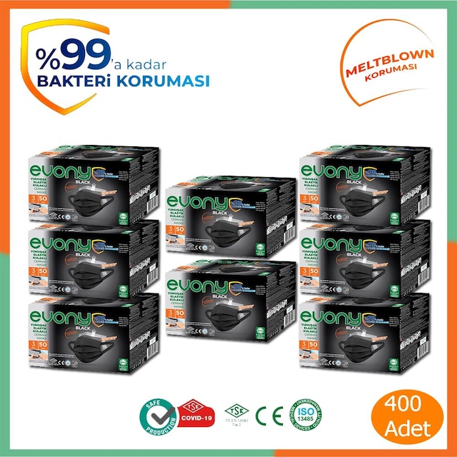 Evony Black Elastik Kulaklı Siyah Maske 400 Adet 50 li 8 Kutu