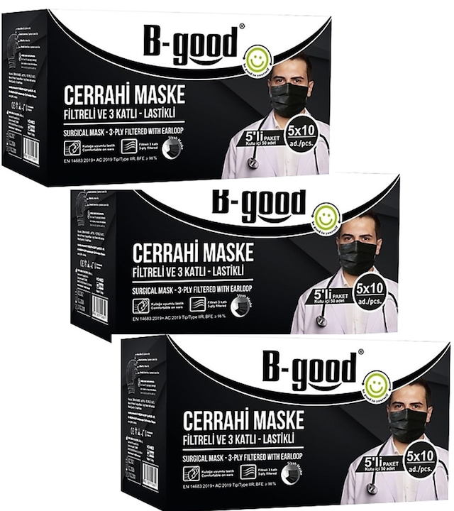B-Good Siyah Cerrahi Maske 3katlı Burun Telli 5'li Paket 150 Adet