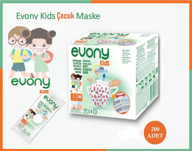 EVONY KIDS ELASTİK KULAKLI ÇOCUK MASKE 10'LU PAKET 200 ADET