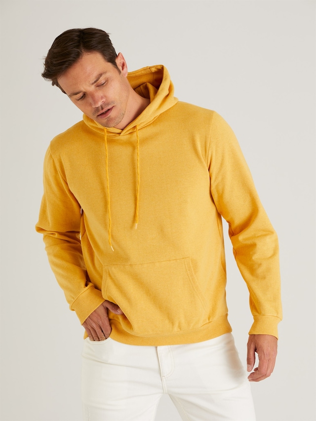 SARI KAPÜŞONLU KANGURU CEPLİ ERKEK SWEATSHIRT - SLIM FIT