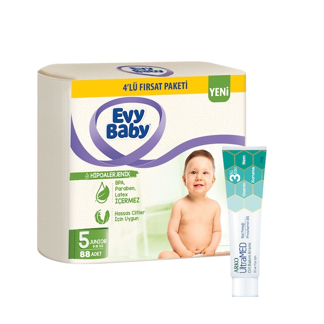 Evy Baby Bebek Bezi 5 Numara Junior 4'lü Fırsat Paketi 88 Adet + Arko Ultramed Krem 40 G