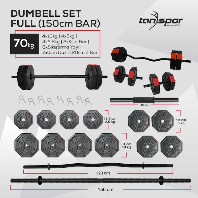 Tan Spor 70 Kg Dambıl Halter Ağırlık FULL KISA + DÜZ + Z BAR SET