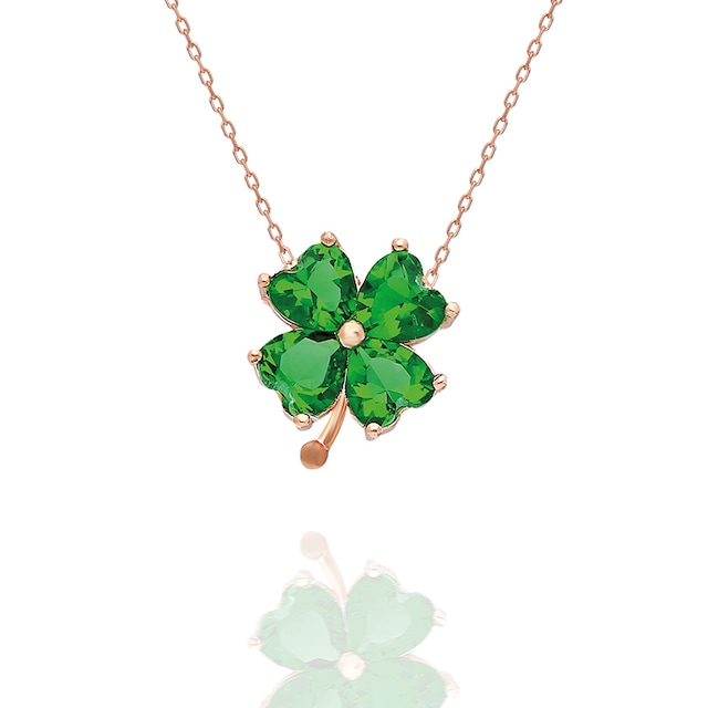 925 Ayar Yeşil Taşlı Yonca Kolye Bayan Gümüş Kolye