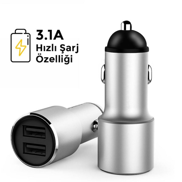 Araç Hızlı Şarj Aleti Oto Çakmaklık 3.1A USB Çift Girişli Gri