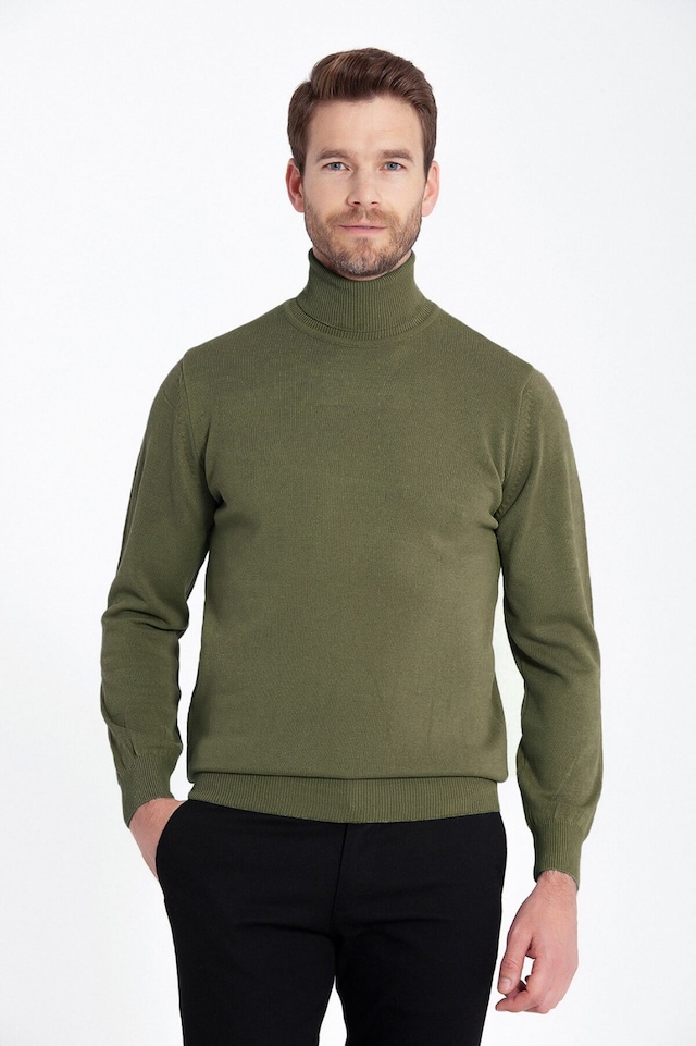 Haki Balıkçı Yaka Triko Kazak