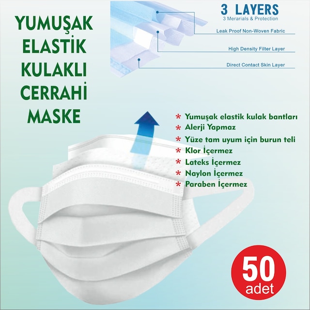 TRN 3 KATLI CERRAHİ MASKE 50 ADET