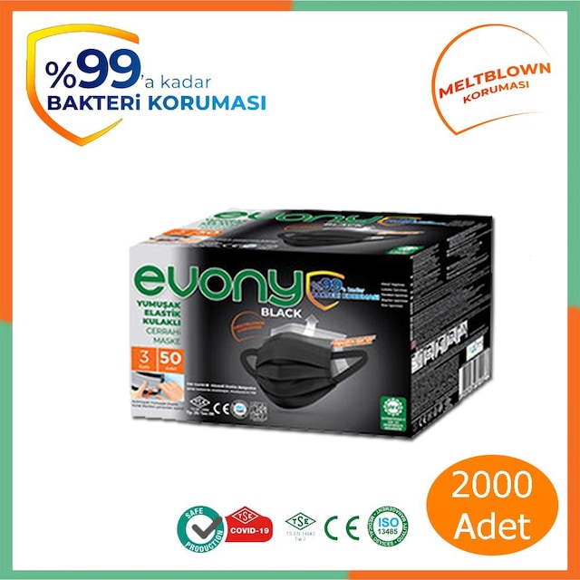 Evony Black Elastik Kulaklı Siyah Maske 2.000 Adet 50 li 40 Kutu