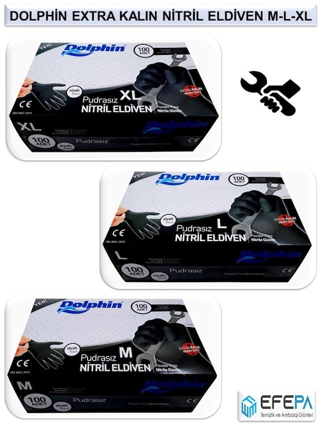 DOLPHİN PUDRASIZ EXTRA NİTRİL KALIN SİYAH ELDİVEN 100' LÜ 1 PAKET