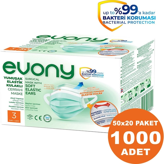 Evony Yumuşak Elastik Kulaklı Maske 50'li x 20 Paket