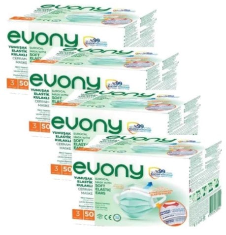 Evony Yumuşak Elastik Kulaklı 3 Katlı Telli Cerrahi Maske 200 lü