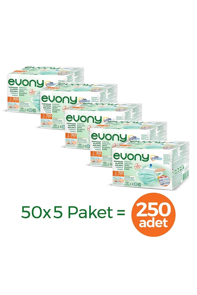 Evony Maske Yumuşak Elastik Kulaklı 50'li 5 Paket 250 Adet