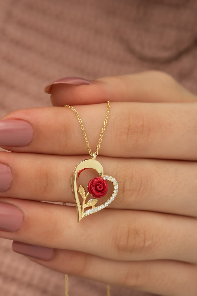 925 Ayar Gold Kırmızı Gül Kalp Kadın Gümüş Kolye