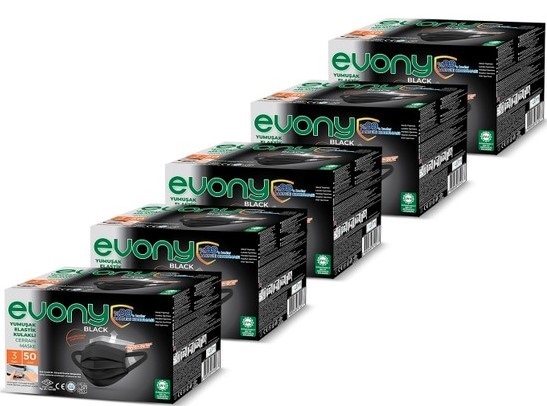 Evony Yumuşak Elastik Kulaklı 3 Katlı Telli Siyah Cerrahi Maske