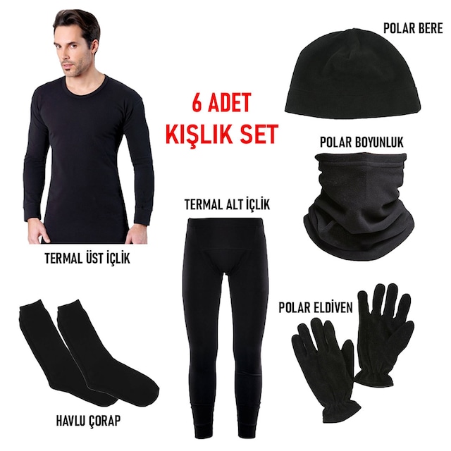 Siyah Termal İçlik Takımı Polar Bere Boyunluk Eldiven Havlu Çorap