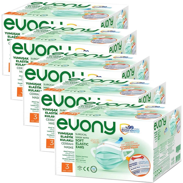 Evony Yumuşak Elastik Kulaklı 3 Katlı Telli Cerrahi Maske 250 ...