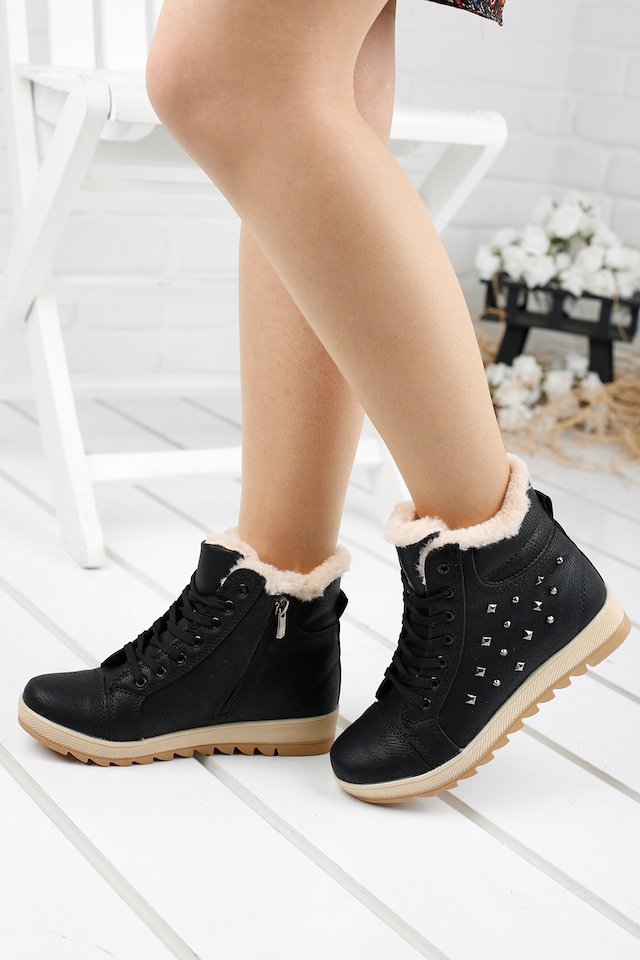Ayakland İçi Termal Kürklü Kadın Bot Siyah - Bej