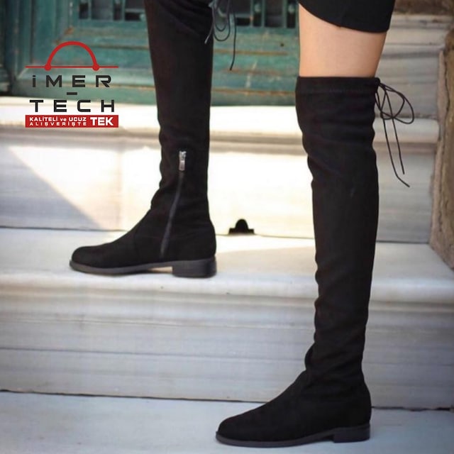 İmerShoes Siyah Kadın Streç Çorap Fermuarlı Çizme Bayan Bot