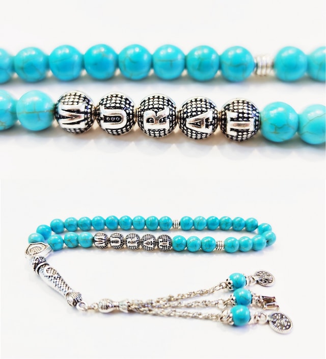 İsimli - Kişiye özel - TURKUAZ / FİRUZE Doğaltaş Tesbih - 8 mm