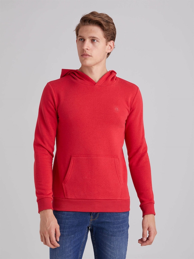 KIRMIZI İÇİ POLARLI KAPÜŞONLU ERKEK SWEATSHIRT - SLIM FIT