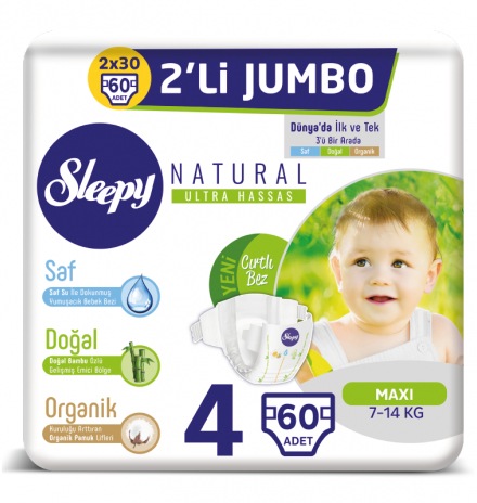 Sleepy Natural Bebek Bezi 4 Numara Maxi 2'li Jumbo 60 Adet