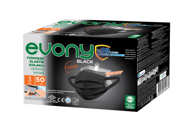 Evony 3 Katlı Elastik Kulaklı Siyah Maske 50 Adet