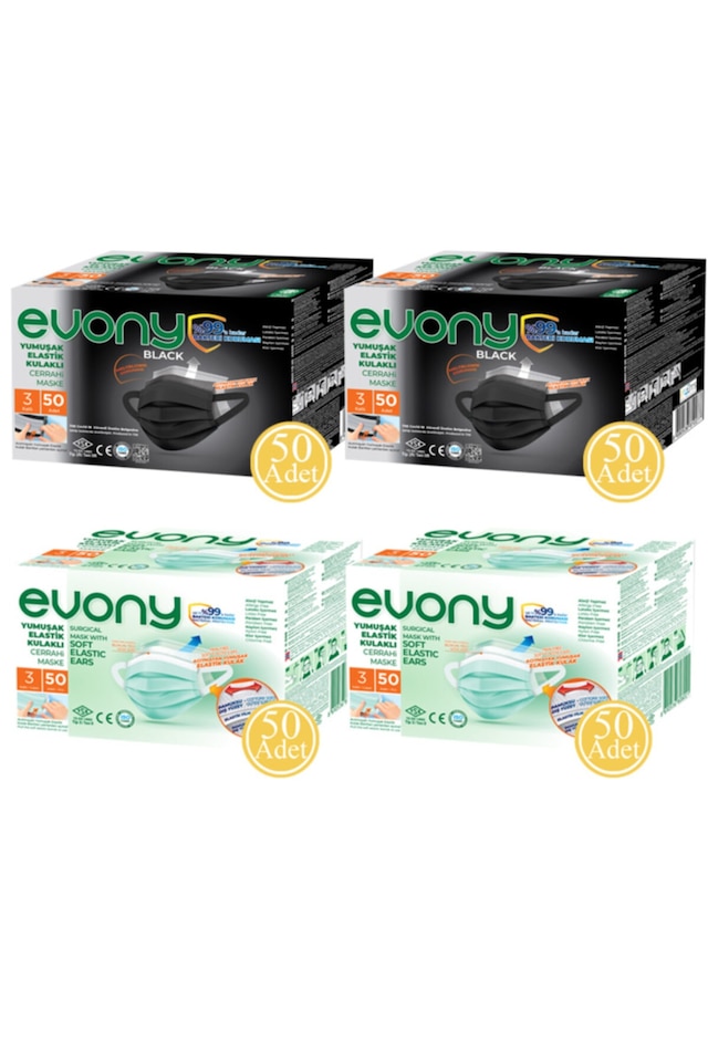 EVONY MASKE 200 Adet (Siyah Elastik Kulaklı 100 Adet + Yeşil E...
