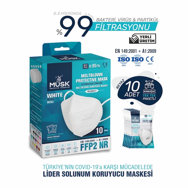 Musk FFP2 N95 Koruyucu Maske Beyaz 10'lu 4 Paket (40 Adet)