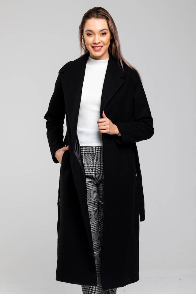 EXENBUTİK Kadın Siyah Kaşe Kaban