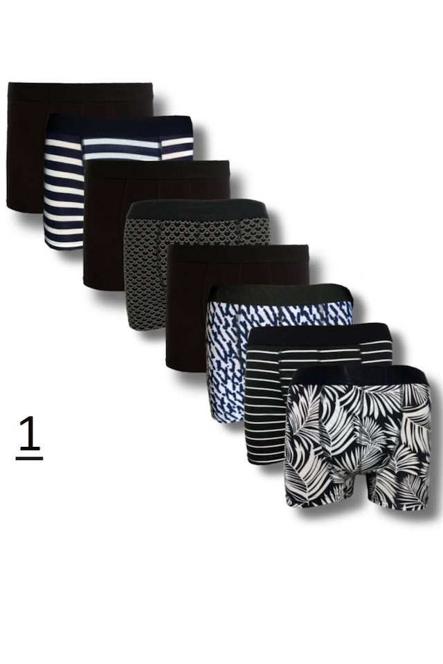 Erkek Boxer 8'li Paket Desenli + Basic Karışık Çok Renkli Pacman1