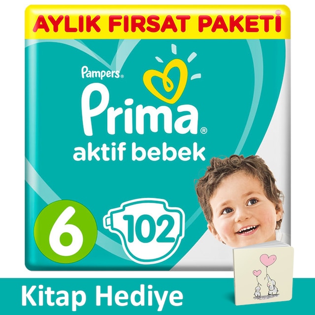 Prima Pampers Aktif Bebek Aylık Fırsat Paketi Bebek Bezi 13-18 KG 6 Beden 102 Adet + Kitap Hediyeli