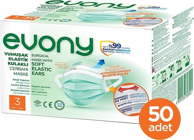 Evony Yumuşak Elastik Kulaklı Maske 50'li