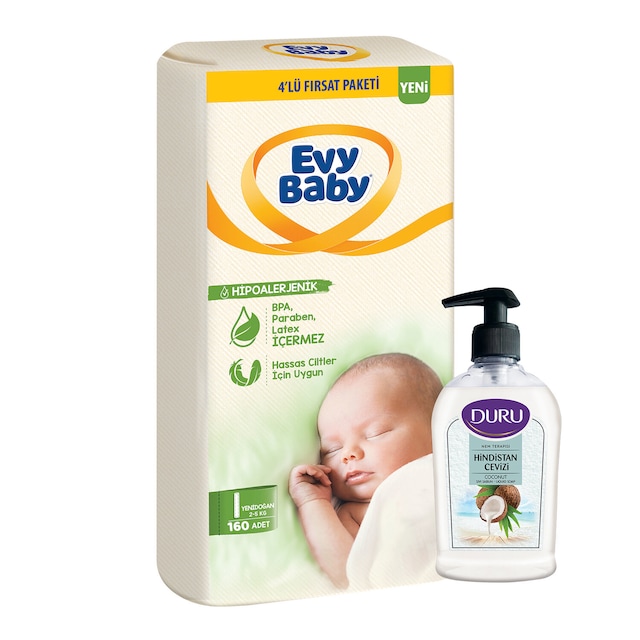 Evy Baby Yenidoğan Bebek Bezi 1 Numara 4'lü Fırsat Paketi 160 Adet + Duru Sıvı Sabun