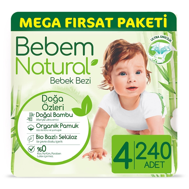 Bebem Natural Bebek Bezi 4 Numara Maxi Mega Fırsat Paketi 240 Adet