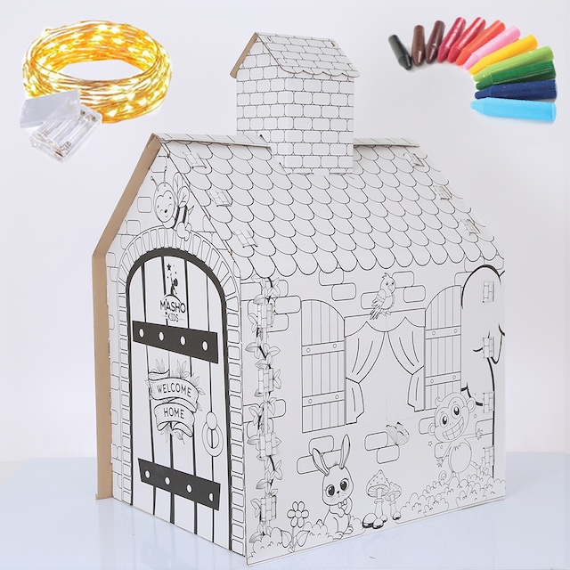 Mashotrend Büyük Boy Karton Boyama Evi + Led Işık + Pastel Boya