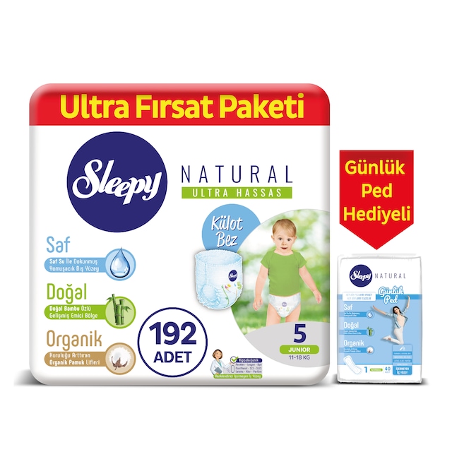 Sleepy Natural Külot Bez 5 Numara Junior 192 Adet + Natural Günlük Ped 40 Adet